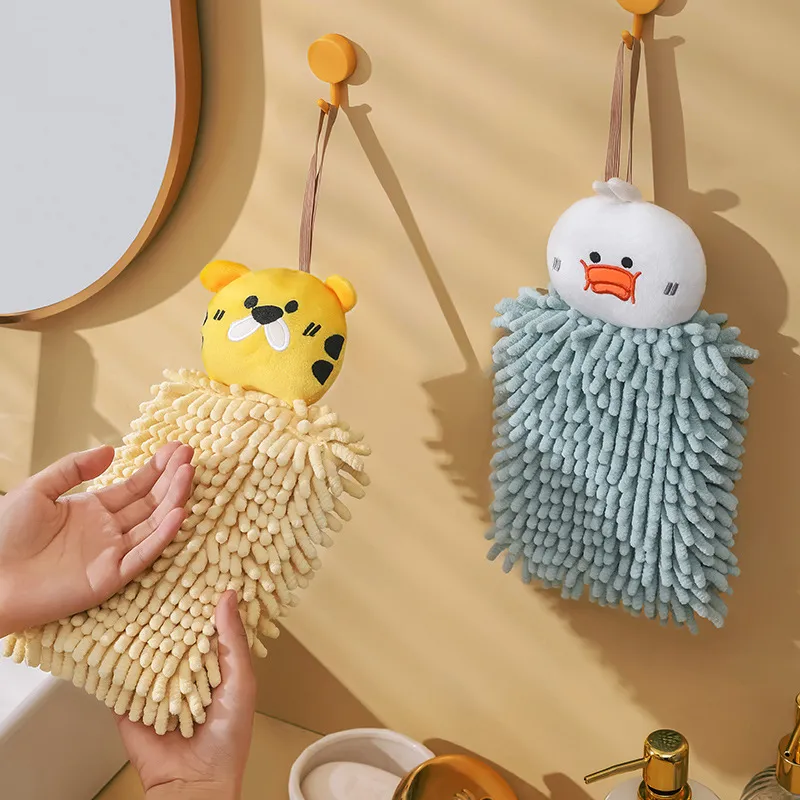 Cute Cartoon Chenille Hanging Towel Ball – Extra Thick Absorbent Kitchen & Bathroom Hand Towel, Soft Fluffy Washcloth with Loop, Multi-Purpose Drying Cloth for Home Use